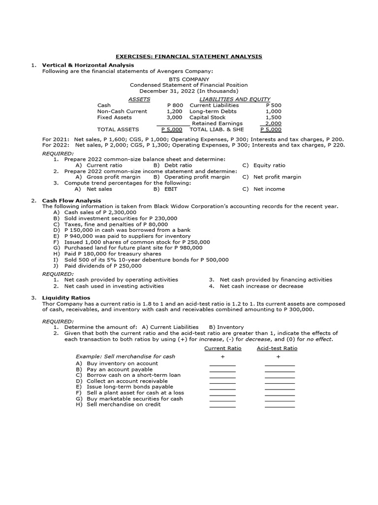 Exercise On Financial Statement Analysis | PDF | Balance Sheet | Equity ...