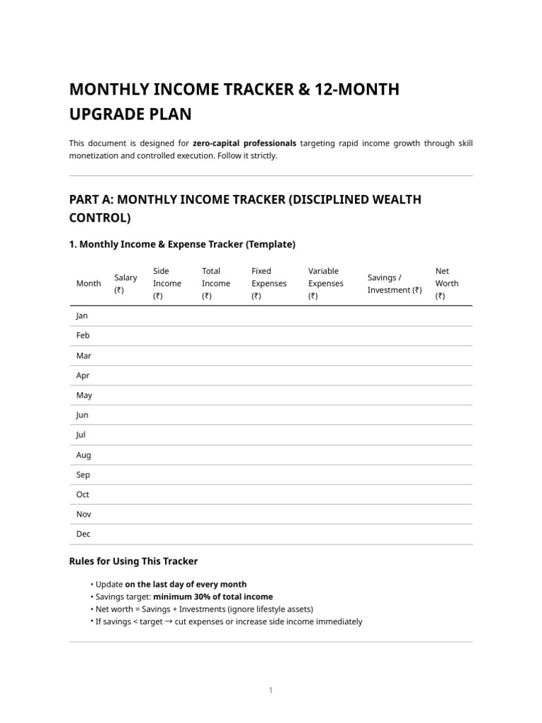 Monthly Income Tracker & 12-Month Upgrade Plan | PDF | Economies | Wealth