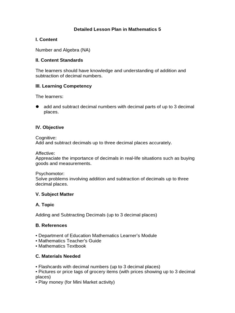 Detailed Lesson Plan in Mathematics 5 | PDF | Lesson Plan | Learning