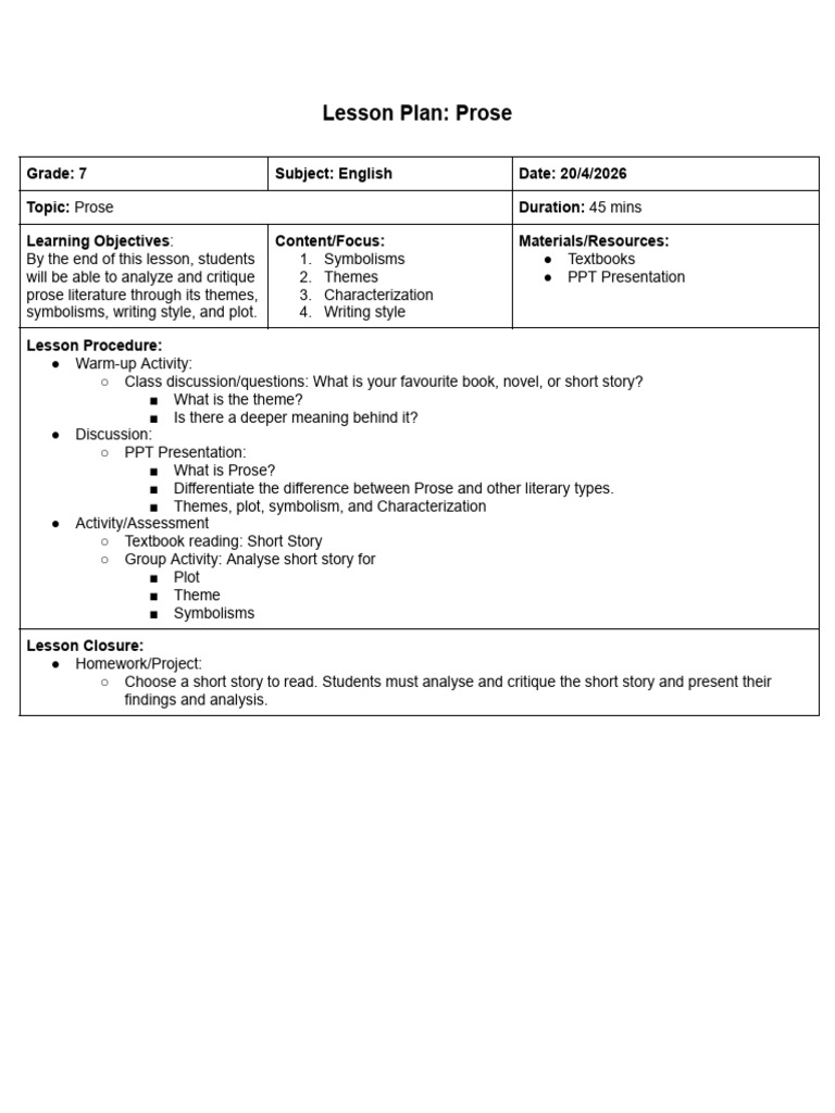 Lesson Plan Prose VILORIA | PDF
