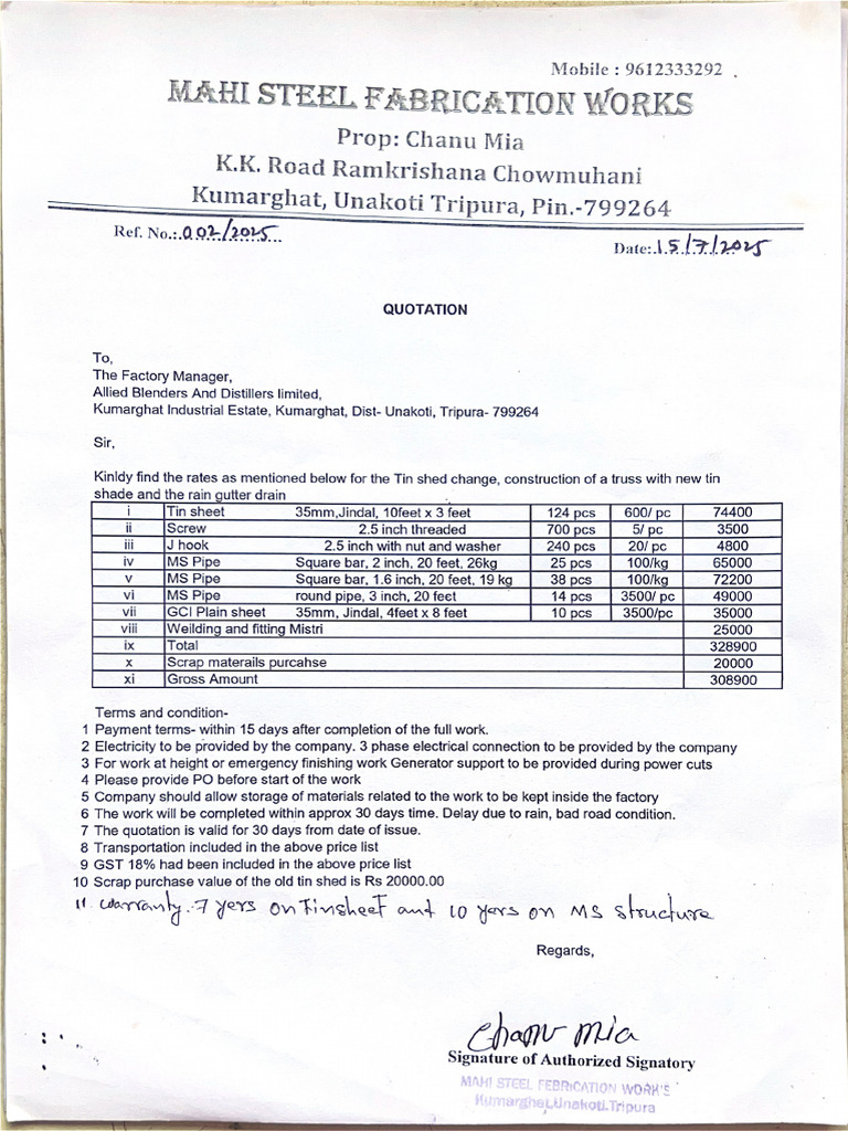 Mahi Steel Quotation | PDF