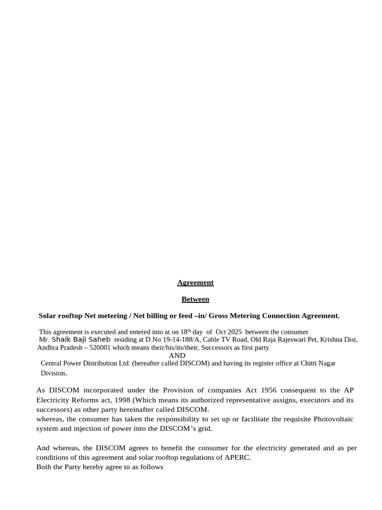 Consumer - DISCOM Agreement | PDF | Photovoltaic System | Photovoltaics