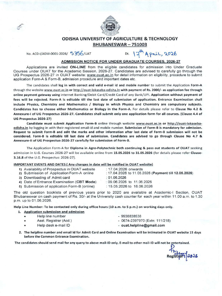 UG Admission Notice 2026 | PDF