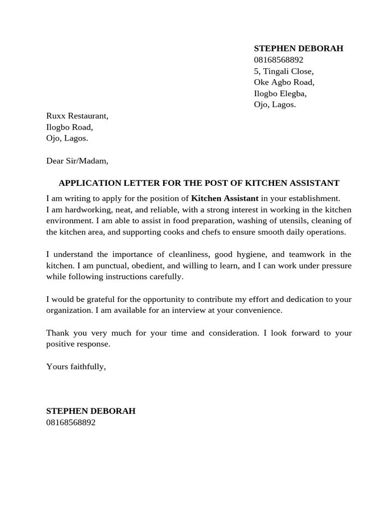Application Letter for the Post of Kitchen Assistant | PDF | Kitchen | Chef