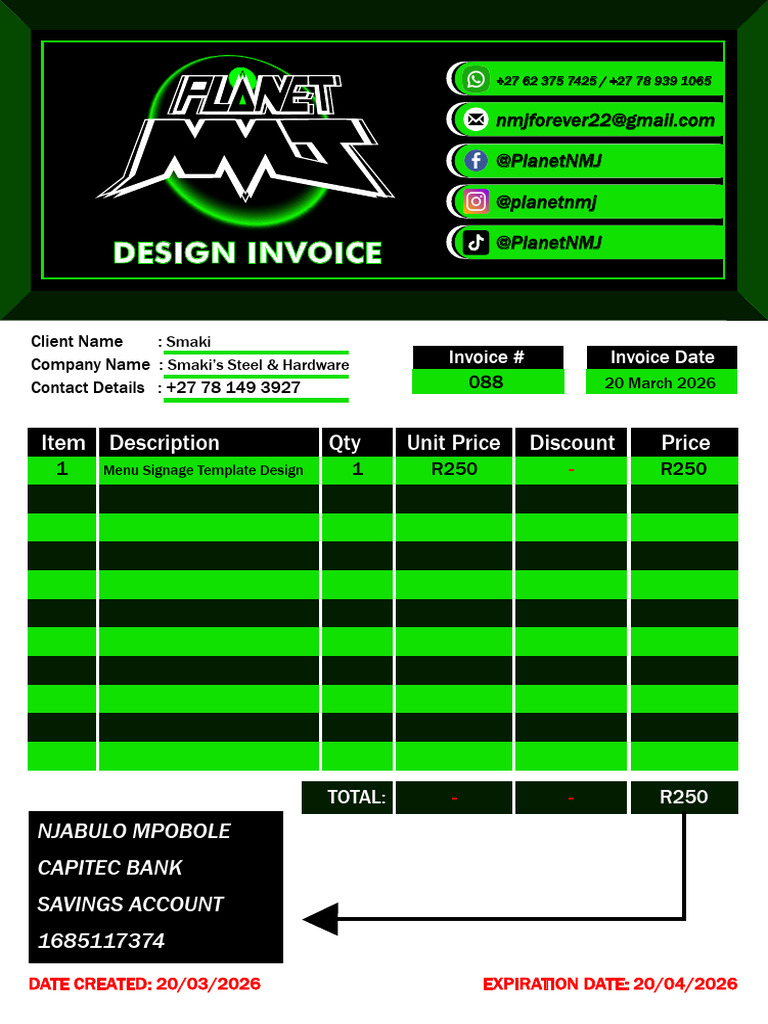 Menu Signage Template Design Invoice to Smaki Steel & Hardware | PDF