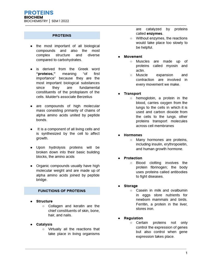 BIOCHEM NOTES (PROTEINS) | PDF | Amino Acid | Proteins