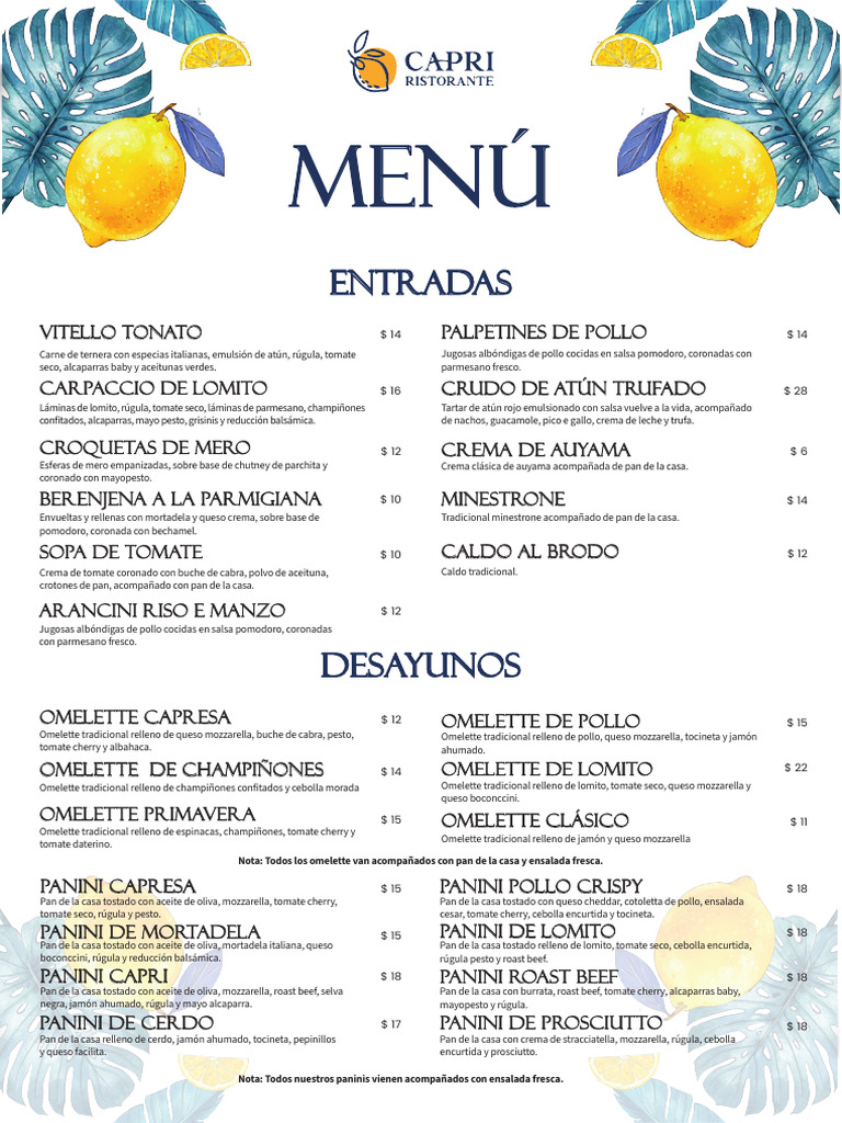 Menu Capri 2026 | PDF | pesto | ensalada