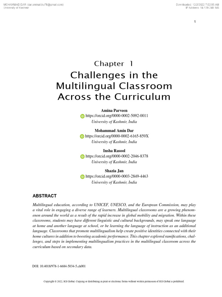 Challenges in the Multilingual Classroom Across the Curriculum1 | PDF ...