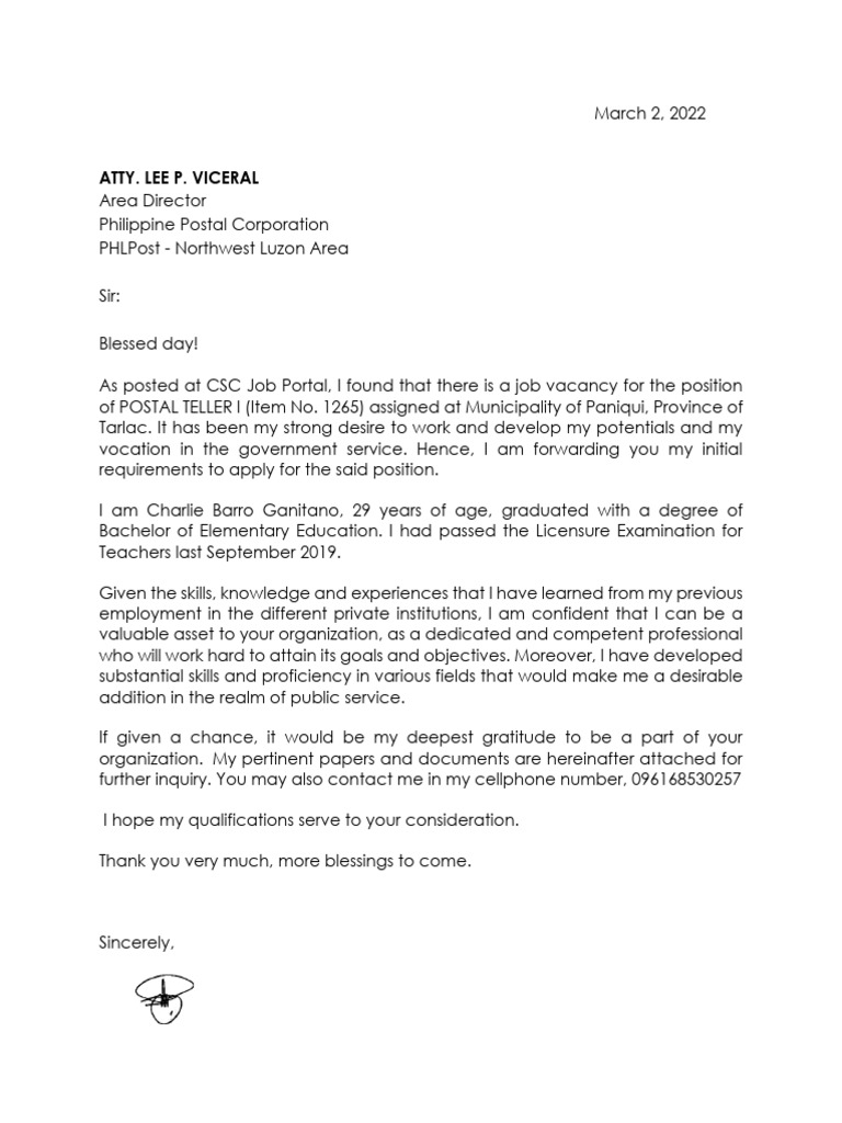Postal Teller I - Application Letter | PDF