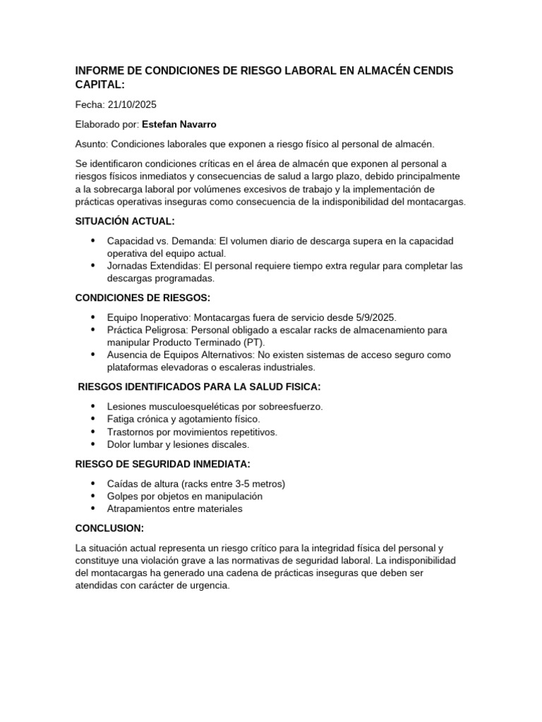 Informe de Condiciones de Riesgo Laboral en Almacén Cendis Capital | PDF