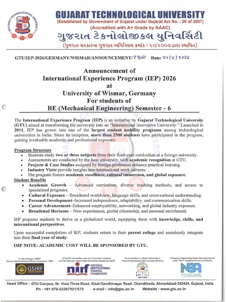 Announcement of International Experience Program IEP 2026 for BE ...
