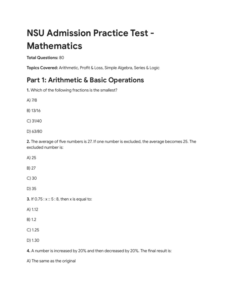 NSU Math Practice Test (1) | PDF | Percentage | Numbers