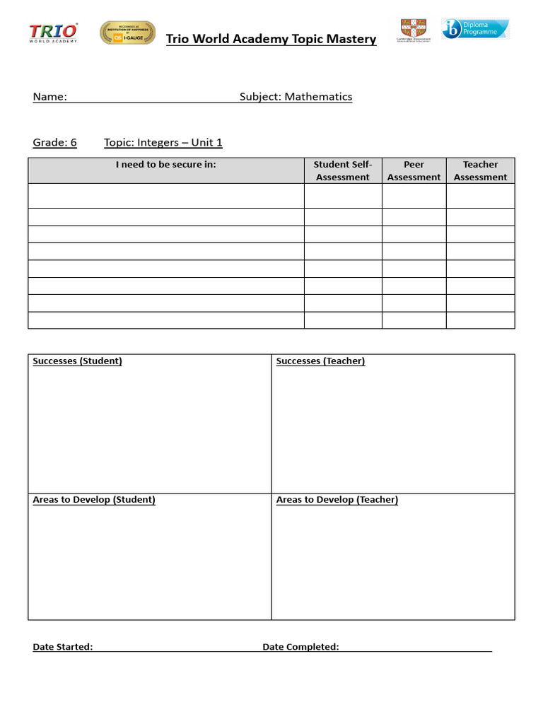 Trio Topic Mastery - Unit 1- Integers - Grade 6 | PDF