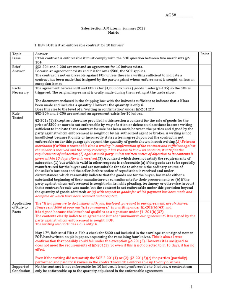Sales Review SA Matrix-Sample Answer | PDF | Breach Of Contract | Civil ...