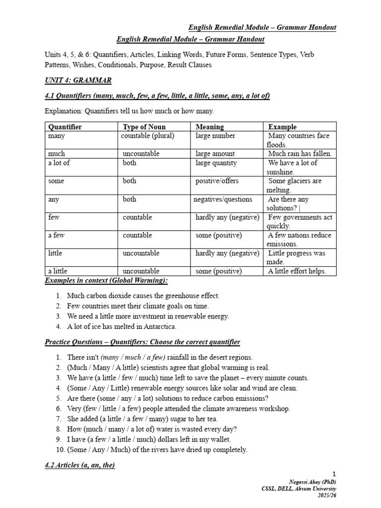 English Remedial Module – Grammar Handout - Unit 4, 5 6 | PDF | Climate ...