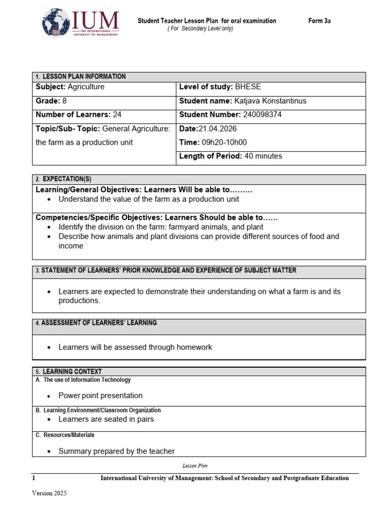Form 3a Student - Teacher Lesson Plan-1-2 | PDF | Lesson Plan | Learning
