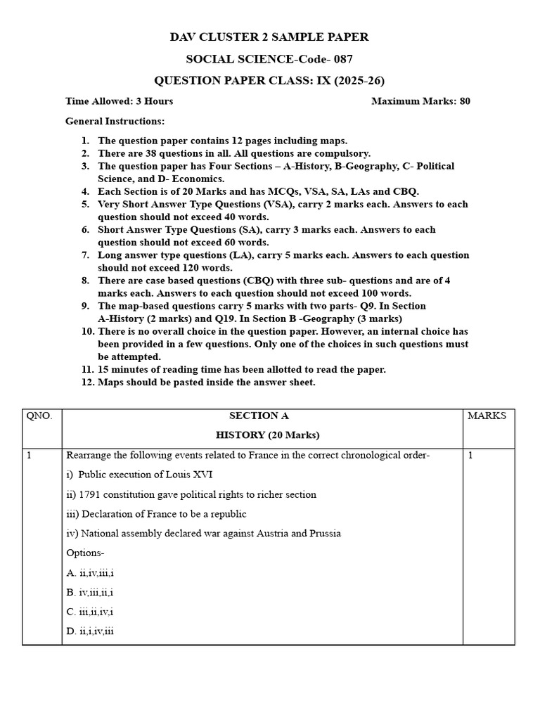 Dav Cluster 2 Social Science Class Ix Sample Question Paper | PDF ...