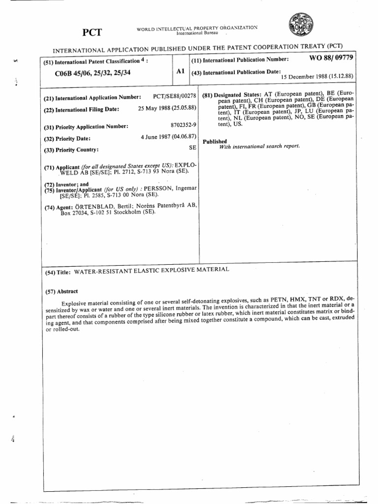 Water Resistant Elastic Explosive Material INT Patent WO88 09779 | PDF