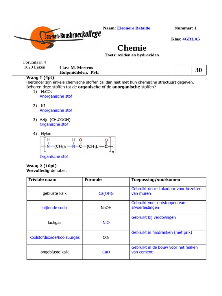 Eleonore Bataille - CHEMIE_1u_toets Oxiden en Hydroxiden | PDF
