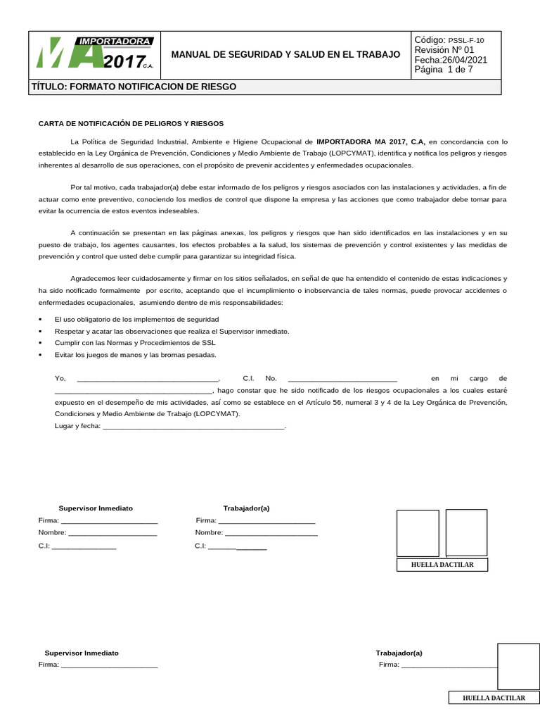 Pssl-f-10 Notificacion de Riesgo Auxiliar de Mantenimiento. | PDF ...