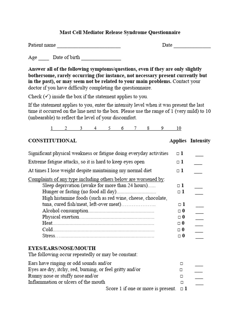 Mast Cell Mediator Release Syndrome Questionnaire | PDF | Biopsy ...