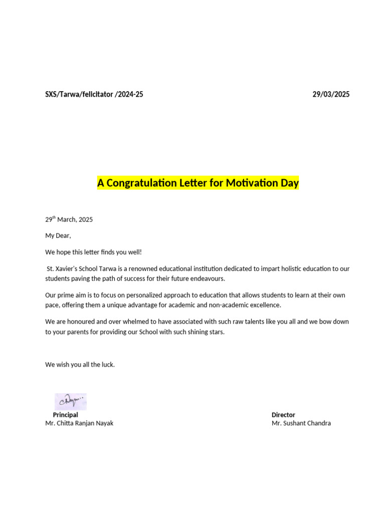 Congratulation Letter for Motivation Day | PDF