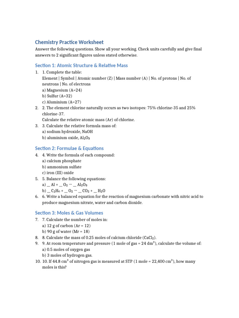 Chemistry Practice Worksheet | PDF