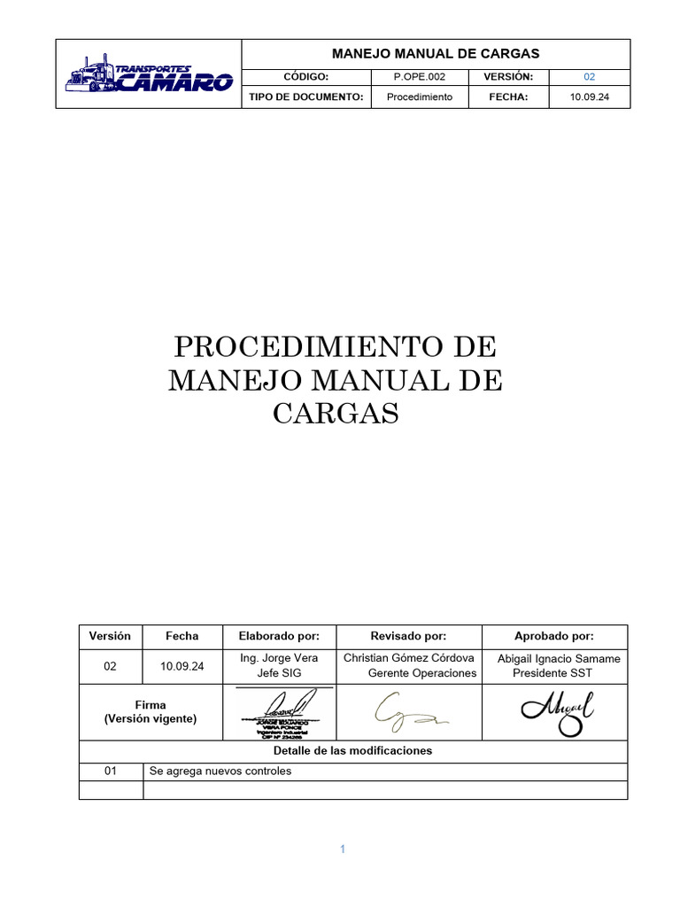 2.2 P.ope.002 Manejo Manual de Cargas (R.02) | PDF | Máquina elevadora