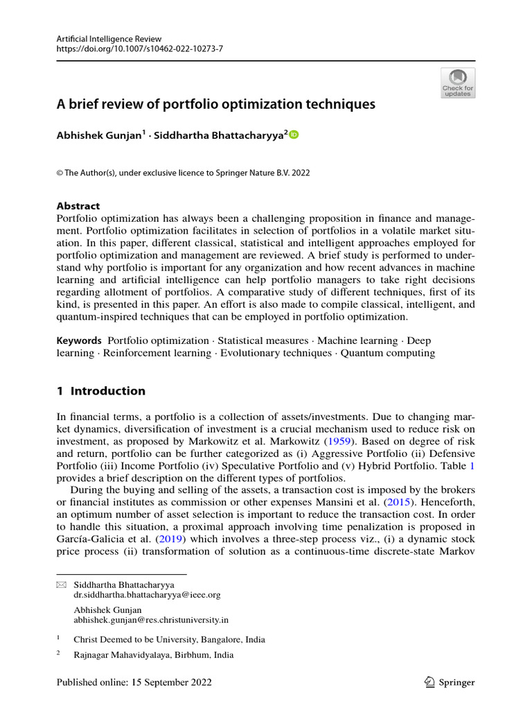 A Brief Review of Portfolio Optimization Techniques | PDF | Support ...