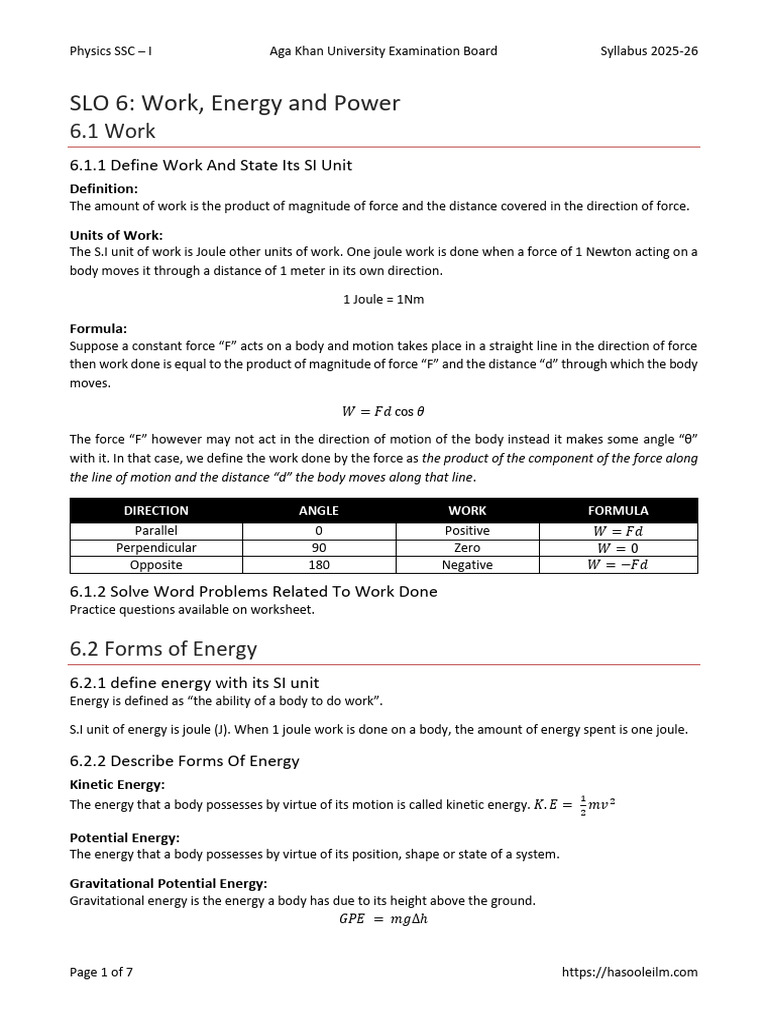 Class 9 Physics Notes SLO 6 | PDF | Potential Energy | Electricity ...