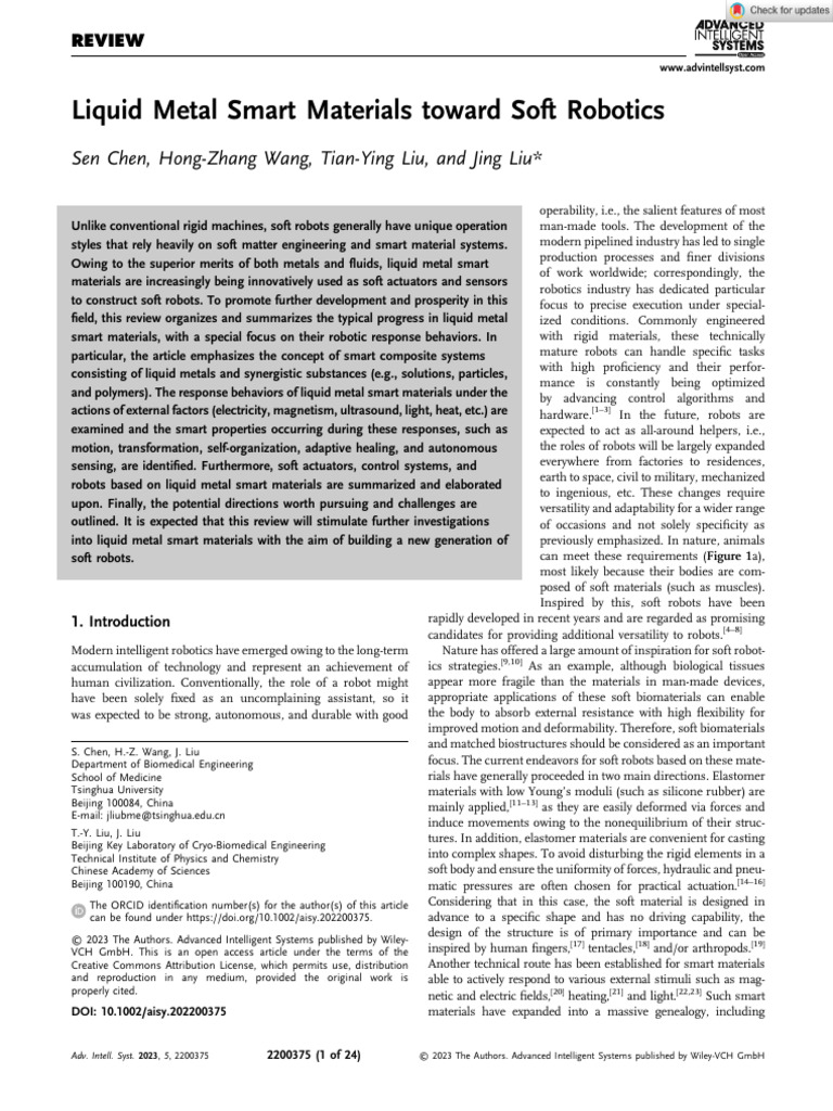 Liquid Metal Smart Materials Toward Soft Robotics | PDF | Liquids | Metals
