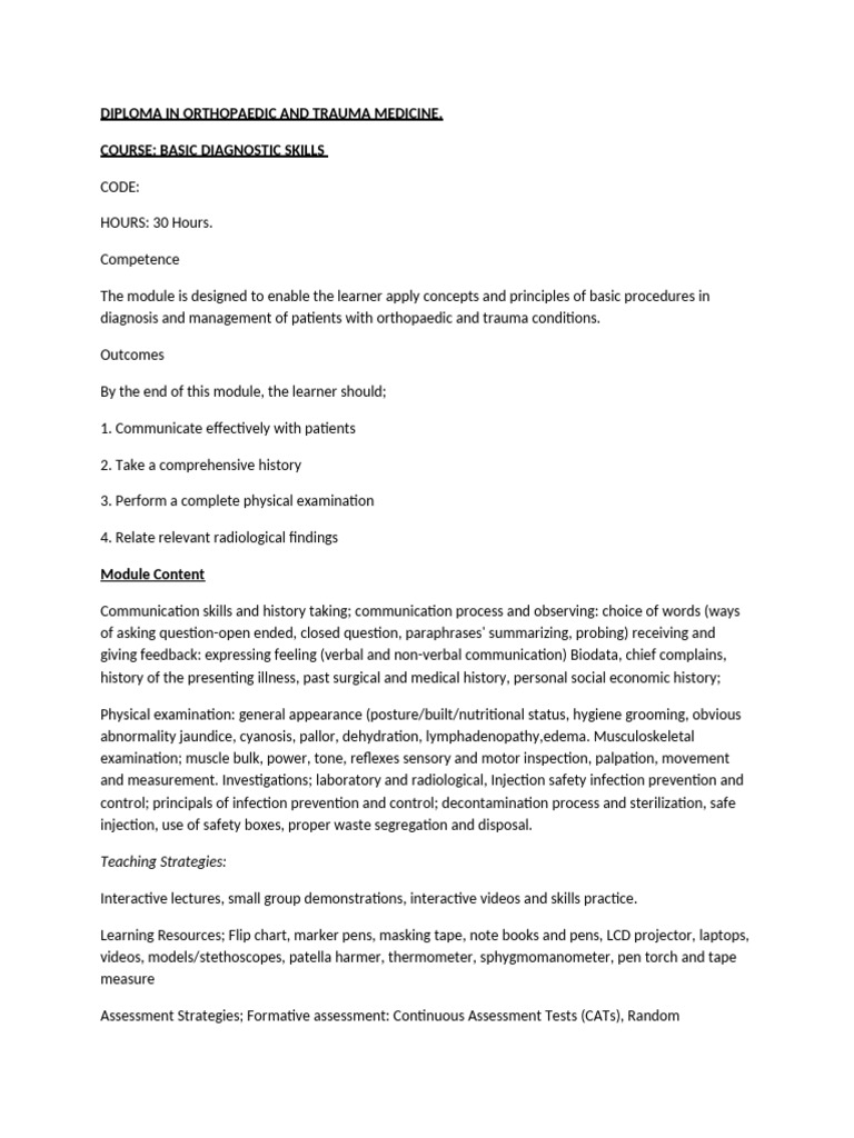 Basic Diagnostic Skills Outline | PDF