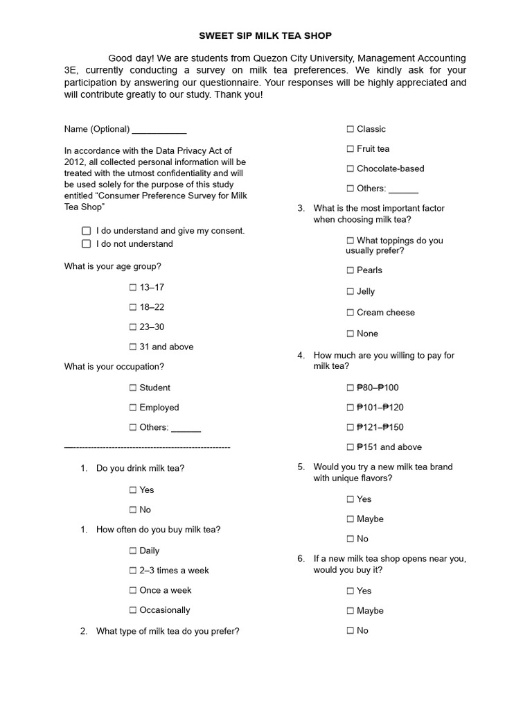 Survey Questionnaires | PDF | Tea | Milk