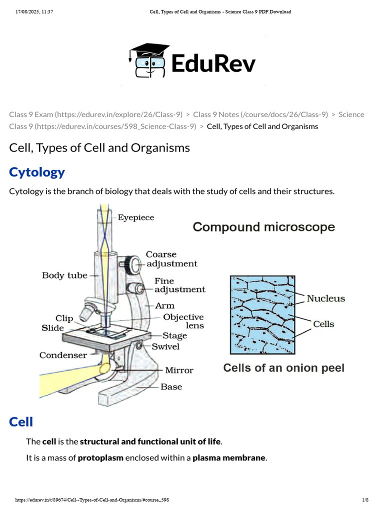 Cell, Types of Cell and Organisms - Science Class 9 PDF Download | PDF