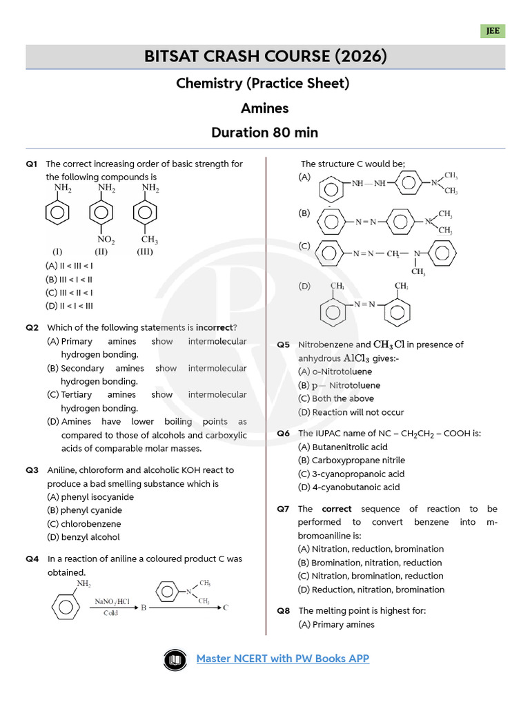 Amines : Practice Sheet | PDF | Amine | Chemical Compounds