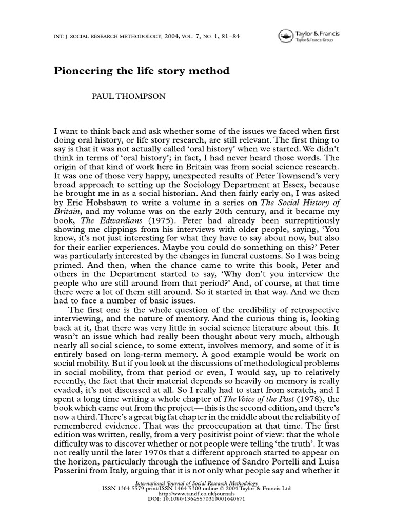 Pioneering the Life Story Method_thompson_2004 | PDF | Sociology | Memory