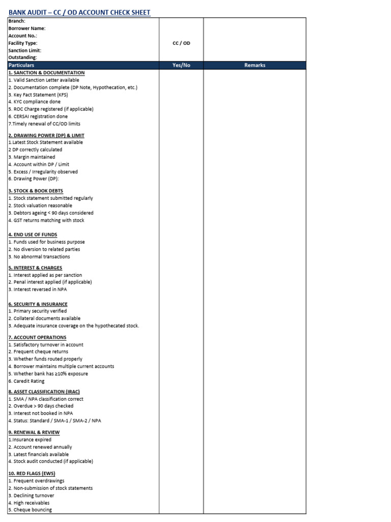 Bank Audit CC OD Account Checklist | PDF