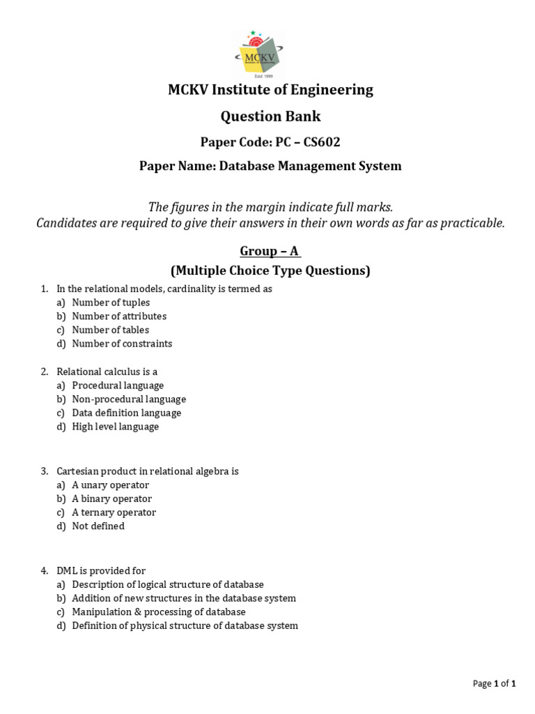 Sample Qp Bank Dbms Pc-cs602 | PDF | Relational Model | Database ...