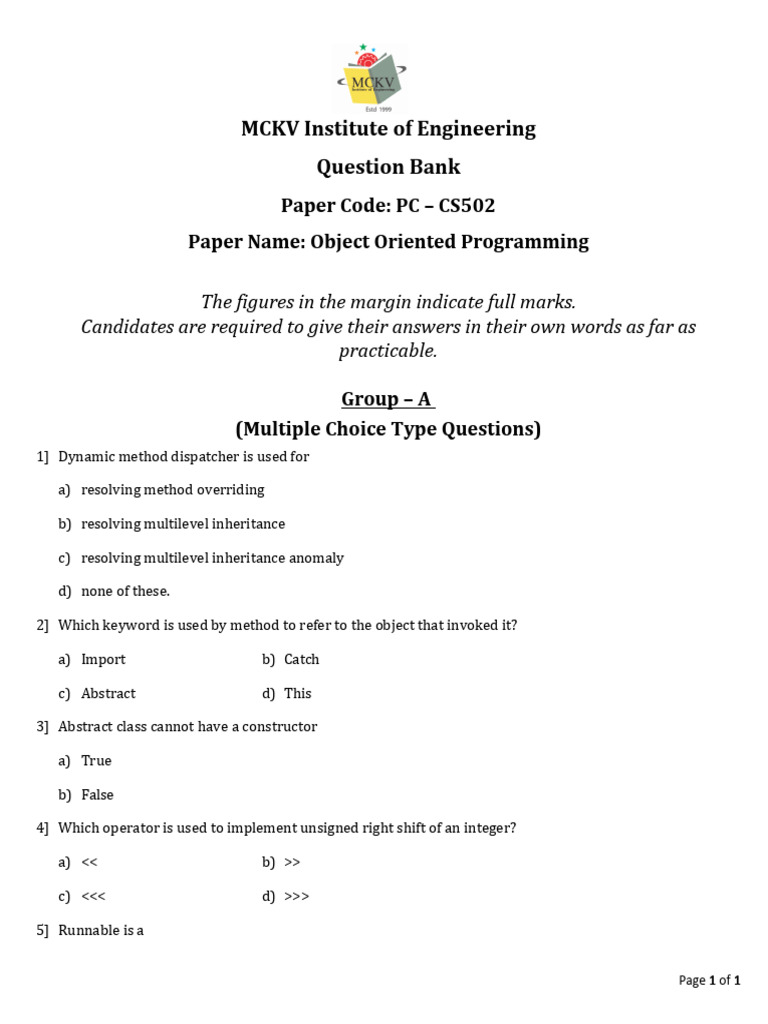Sample Qp Bank Oops Pc-cs502 | PDF | Method (Computer Programming ...