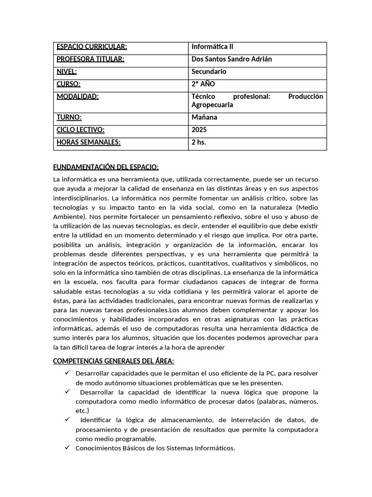 Planificacion de Informatica Segundo Año 2025 | PDF | Informática ...