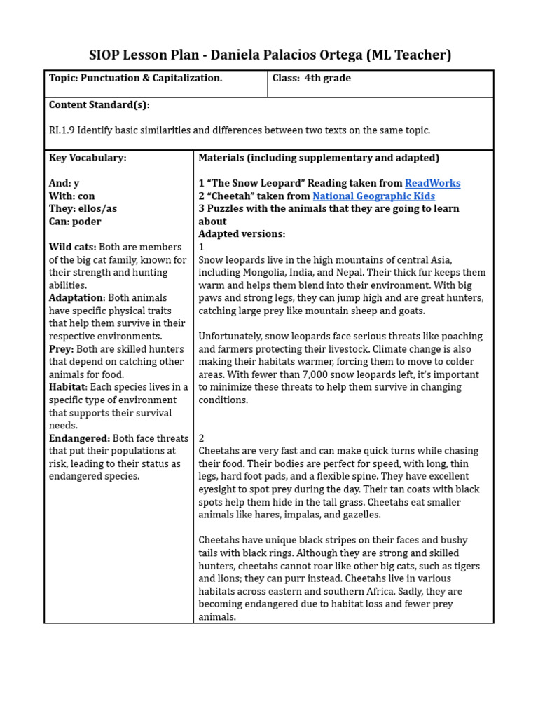 SIOP Lesson Plan Template (0riginal).docx | PDF | Leopard | Hunting