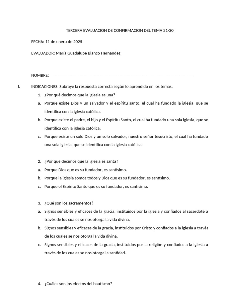 Tercera Evaluacion de Confirmacion Del Tema 21 Al 30 | PDF | Cristo ...