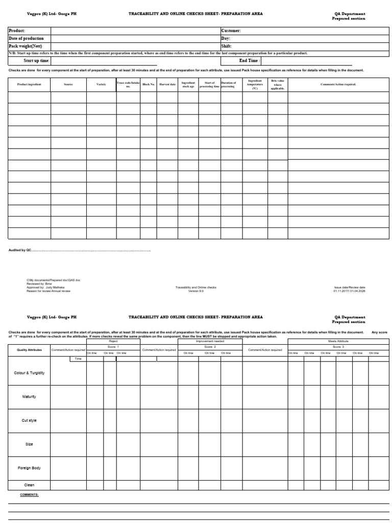 Traceability and Online Checks Sheet-Preparation Area V9.0 - 2026 | PDF