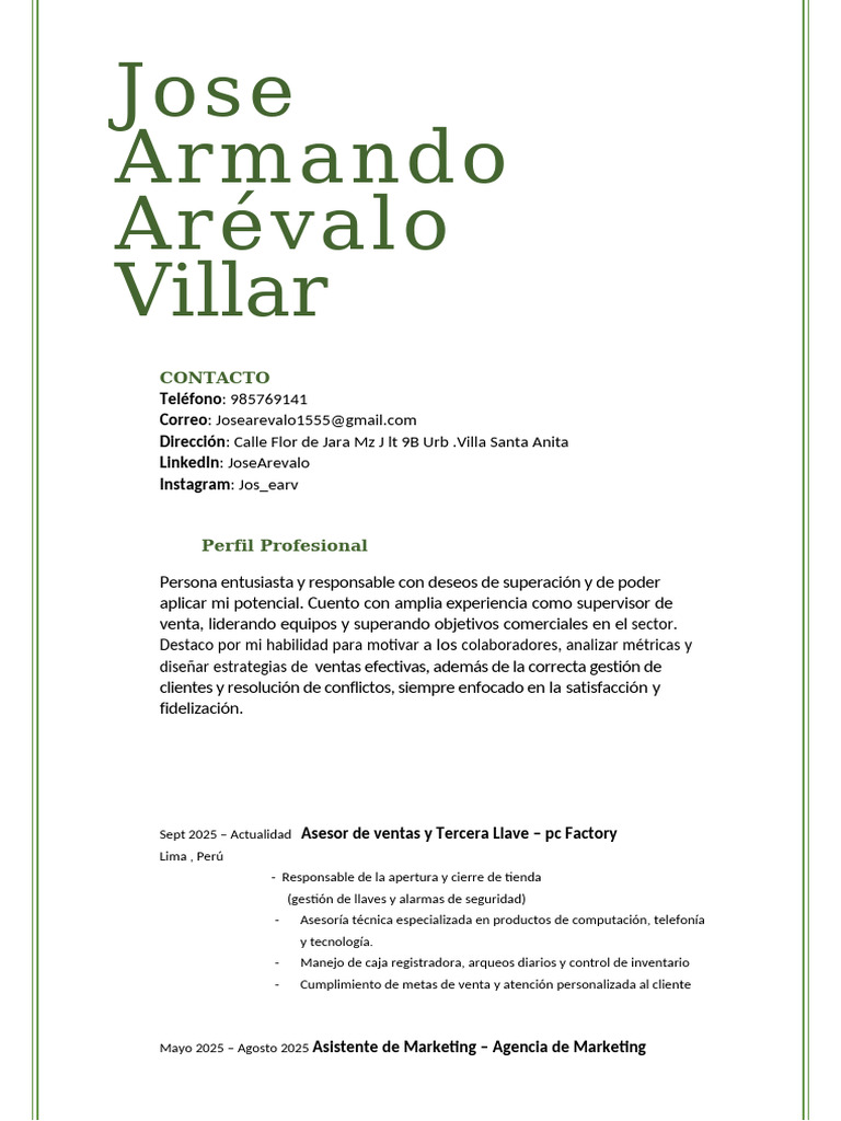 Jose Armando Arévalo Villar Cv2 | PDF | Marketing | Business
