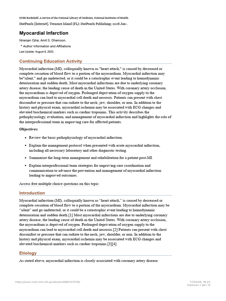 Myocardial Infarction - StatPearls - NCBI Bookshelf | PDF