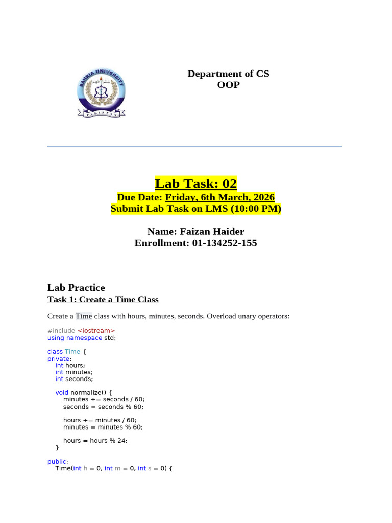 LabTask-Unary Op Faizan | PDF | Computer Programming | C++
