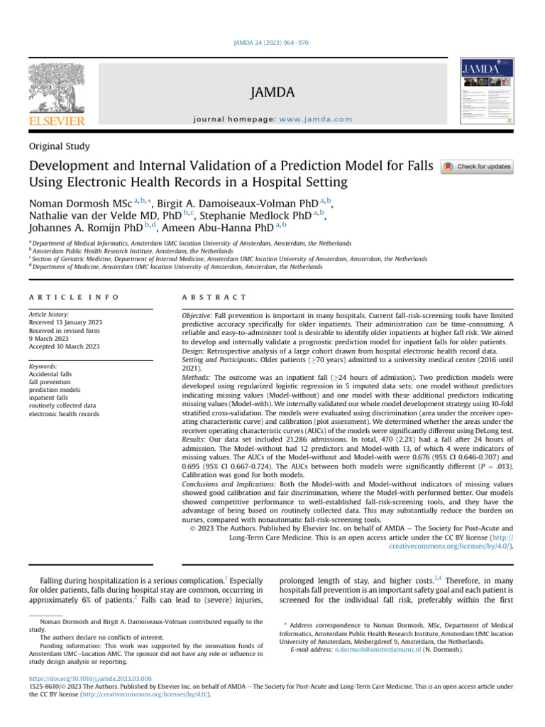 Development and Internal Validation of A Prediction Model For Falls ...