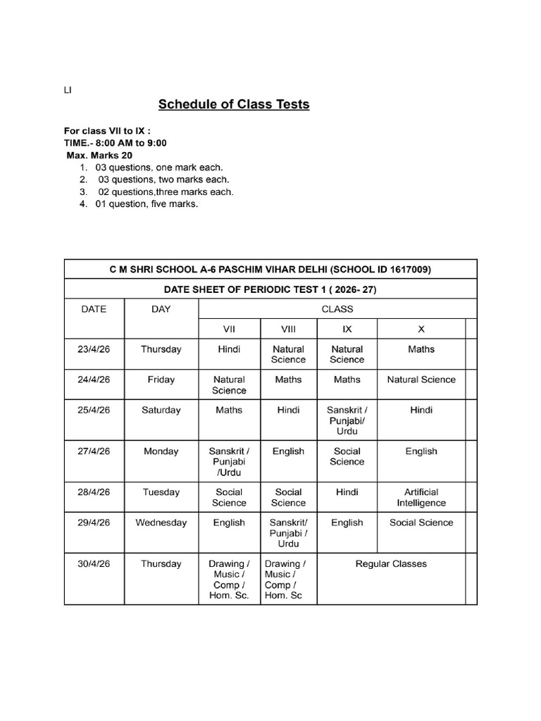 Class Test Schedule | PDF