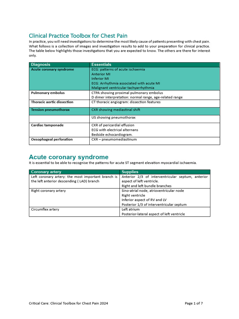 Clinical Toolbox For Chest Pain | PDF | Coronary Circulation ...