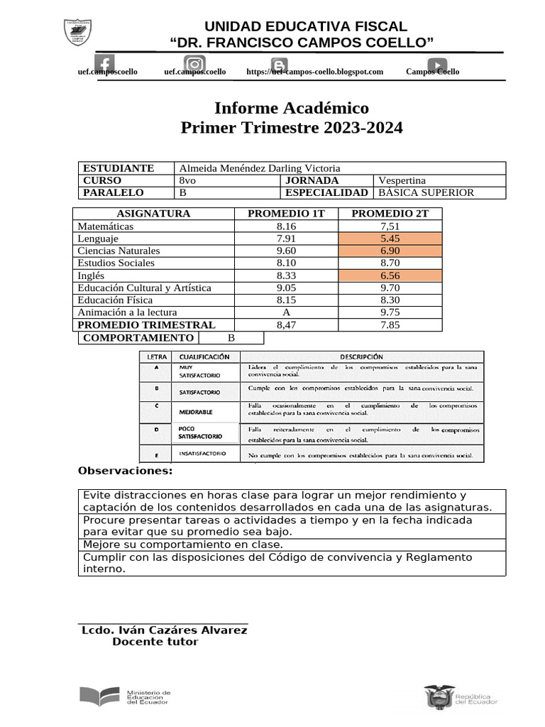 Informe Académico 8vo Egb-Vespertina- 2do Trimestre | PDF | Science ...